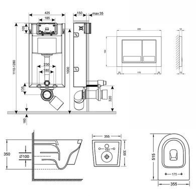 Готовое решение Qtap для ванной комнаты: подвесной унитаз Swan Rimless + комплект инсталляции Nest 4 в 1 (квадратная клавиша Chrome)